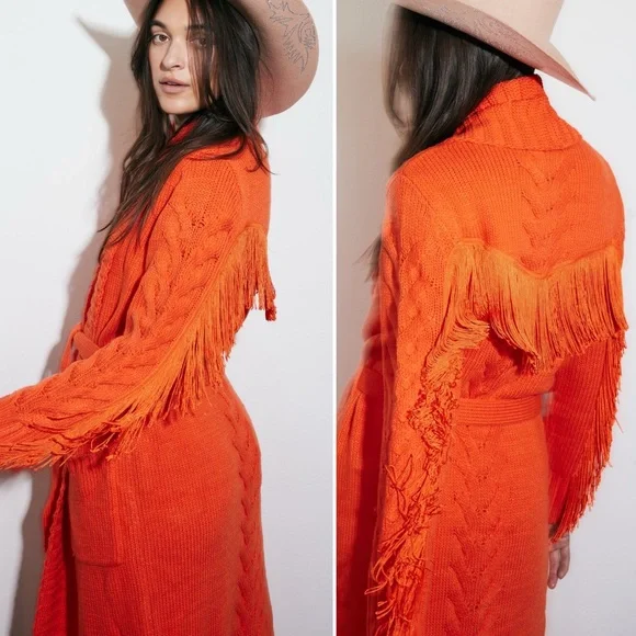 Understarted Leather Rodeo Duster Cardigan Sweater Med Orange Fringe Western - Picture 3 of 16